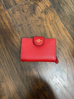 Coach Red Leather Compact Wallet with Gold Logo